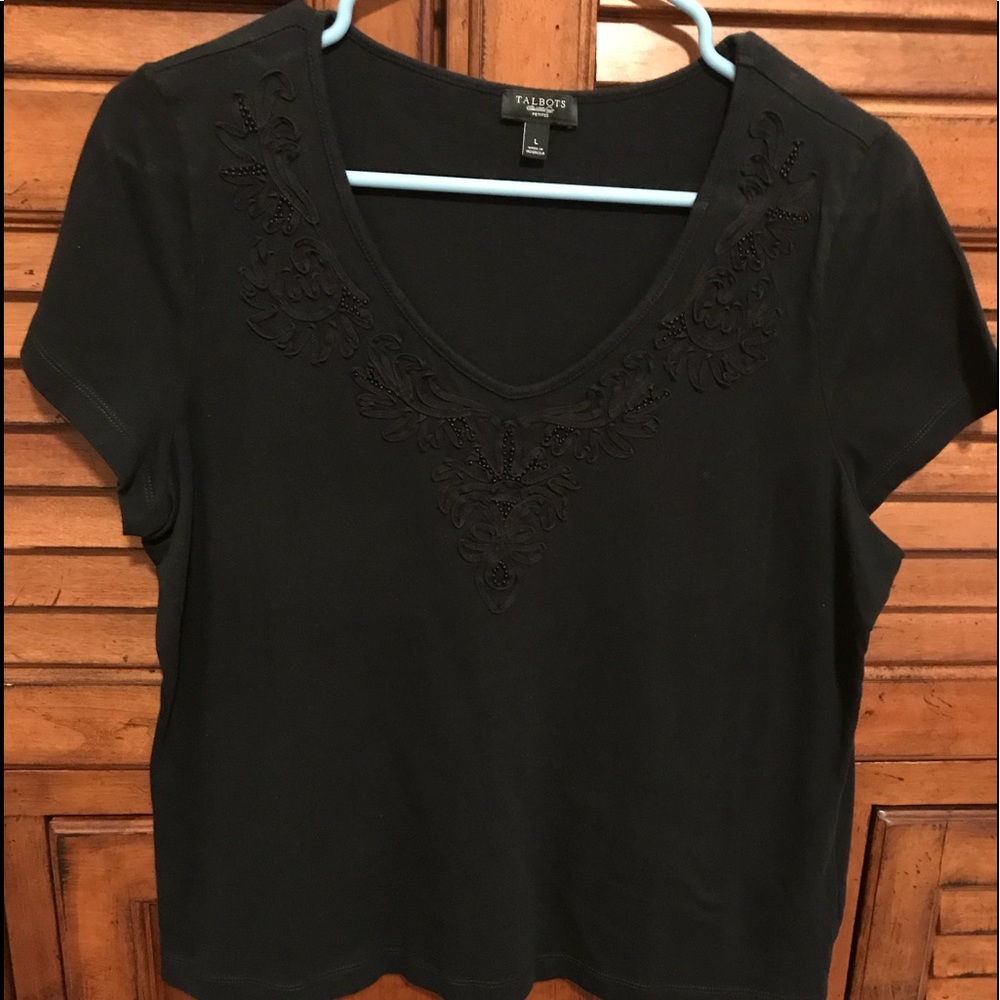 Talbots Petites ▪️Black▪️Decorative V-Neck Knit Shirt - Size Petite Large